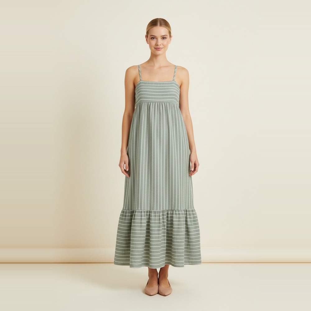 Rhea & Thea Womens Striped Maxi Dress Green White Sundress Tiered Ruffle Hem